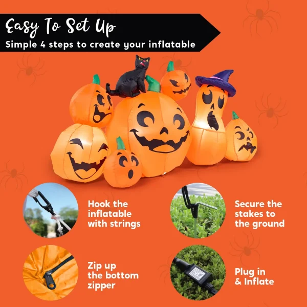 Fun 6ft 7pcs Inflatable Pumpkin with Witch's Cat Decoration