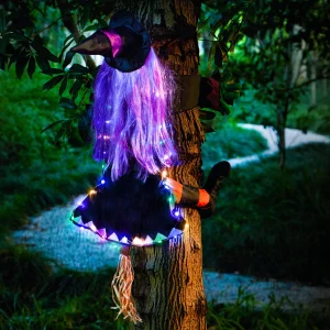 Light up Halloween Witch Crashing Into Tree 40in