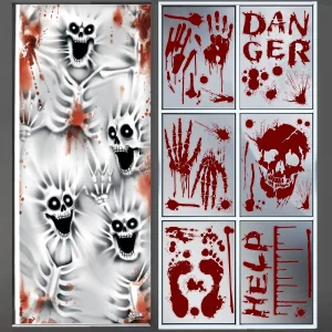 2Pcs Skeleton Door Cover+Bloody Window Stickers