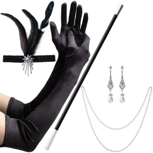 Flapper Accessory Set With Headband, Satin Gloves, Necklace, Chandelier Ear Rings, And Cigarette Holder