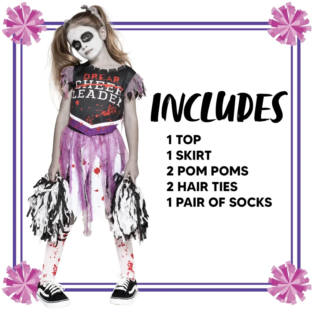 Girls Zombie Cheerleader Costume + Pom Poms Kids Scary Fearleader Halloween