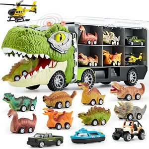 13Pcs Dinosaur Transport Carrier Truck with Mini Dino Car Set