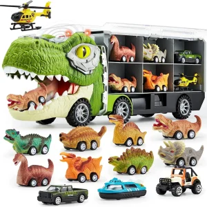 13Pcs Dinosaur Transport Carrier Truck with Mini Dino Car Set
