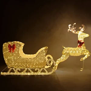 2 Pcs LED Yard Lights – Fabric 5ft Reindeer and 3ft Sleigh (Gold)