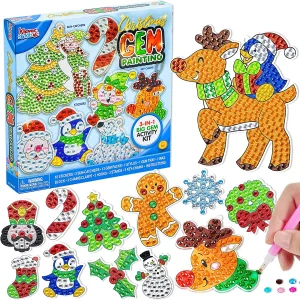 24Pcs Christmas Gem Painting Kit with Stickers, Suncatchers & Keychains