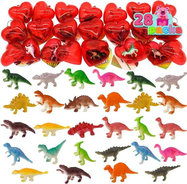 28Pcs Dinosaur Figure Filled Hearts Set with Valentines Day Cards