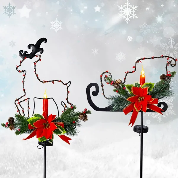 2pcs Christmas Reindeer Sleigh Solar Stake Lights