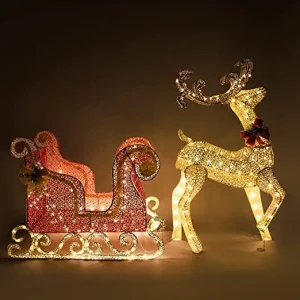 2Pcs Fabric 5ft Reindeer and 3ft Sleigh LED Yard Lights  (Gold&Red)