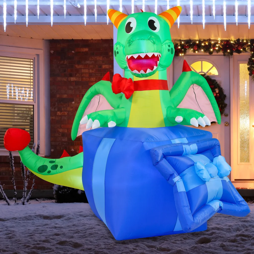 Christmas dragon inflatable in a gift box front