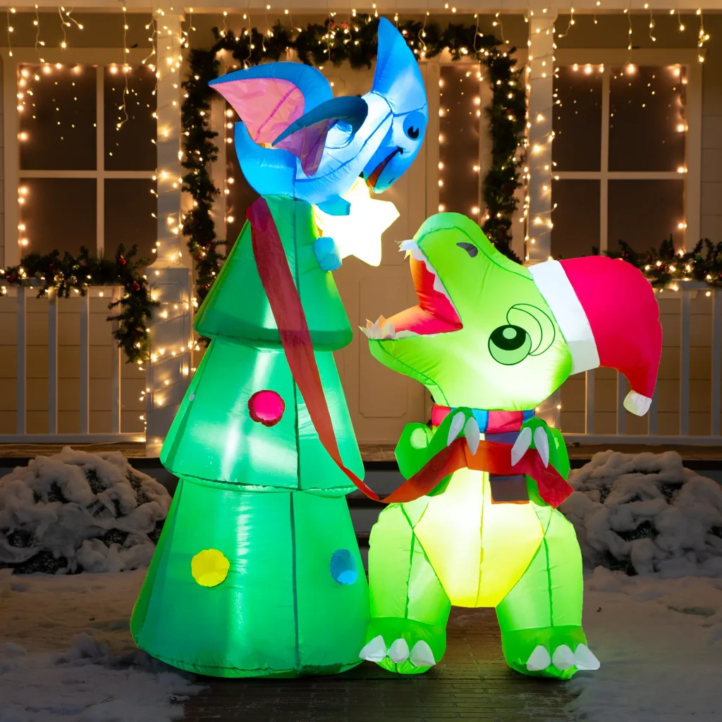 Inflatable dinosaur decorating a tree
