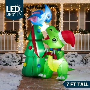 7ft Tall Inflatable Dinosaur Decorating A Christmas Tree