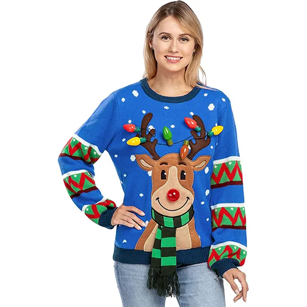 Womens LED Reindeer Light Up Ugly Christmas Sweater