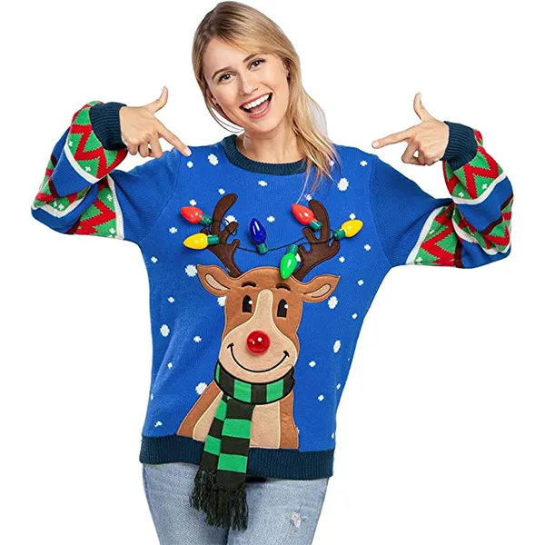 Womens LED Reindeer Light Up Ugly Christmas Sweater