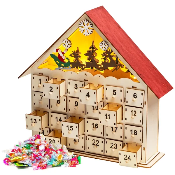 Christmas LED Wooden House Advent Calendar With 24 Drawers