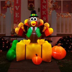 6ft Turkey Sitting on a Straw Bale Thanksgiving Inflatable
