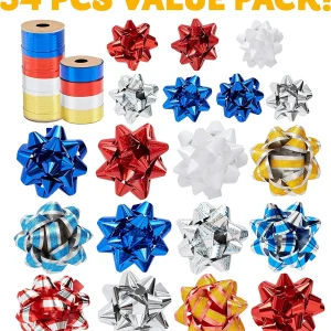 48Pcs Christmas Gift Bow Assortment, Red Silver Blue White