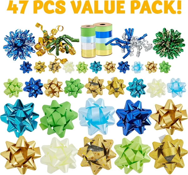 50pcs Gold Green and Blue christmas gift Bows
