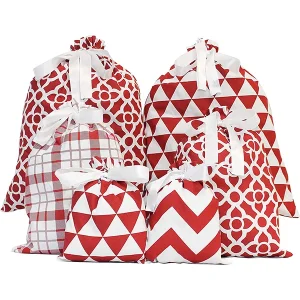6pcs White and Red Fabric Christmas Gift Bags