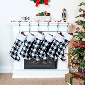 6pcs White Black Buffalo Plaid Christmas Stockings 18in