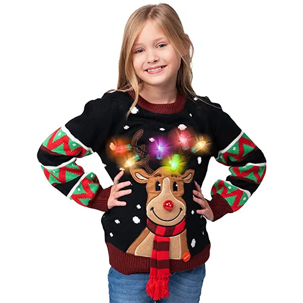 Kids LED Light up Reindeer Black Ugly Christmas Sweater