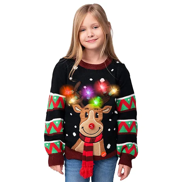 Kids LED Light up Reindeer Black Ugly Christmas Sweater
