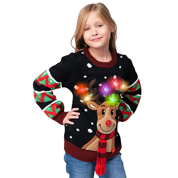 Light Up Kid Black Ugly Christmas Sweater-Reindeer