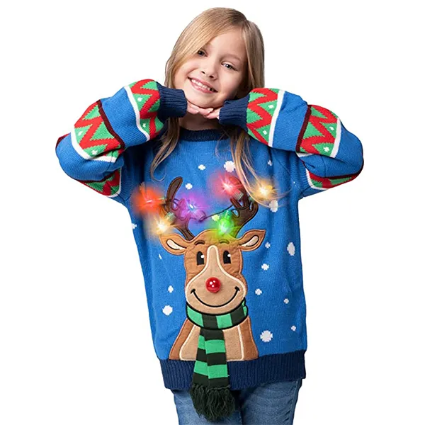 Kids LED Light Up Blue Ugly Christmas Sweater Reindeer