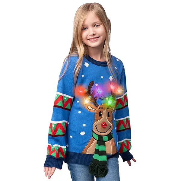 Kids LED Light Up Blue Ugly Christmas Sweater Reindeer