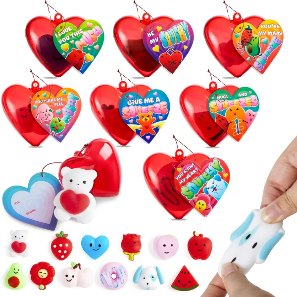 28Pcs Hearts Filled with Mochi Squishy Toys and Kids Valentines Cards for Classroom Exchange Gifts