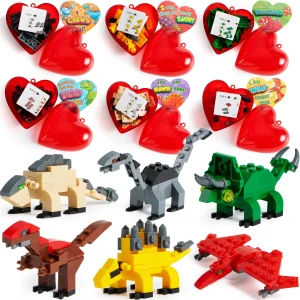 24Pcs Dinosaur Building Blocks Filled Hearts with Valentines Day Cards for Kids-Classroom Exchange Gifts