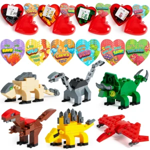 24Pcs Dinosaur Building Blocks Filled Hearts with Valentines Day Cards for Kids-Classroom Exchange Gifts