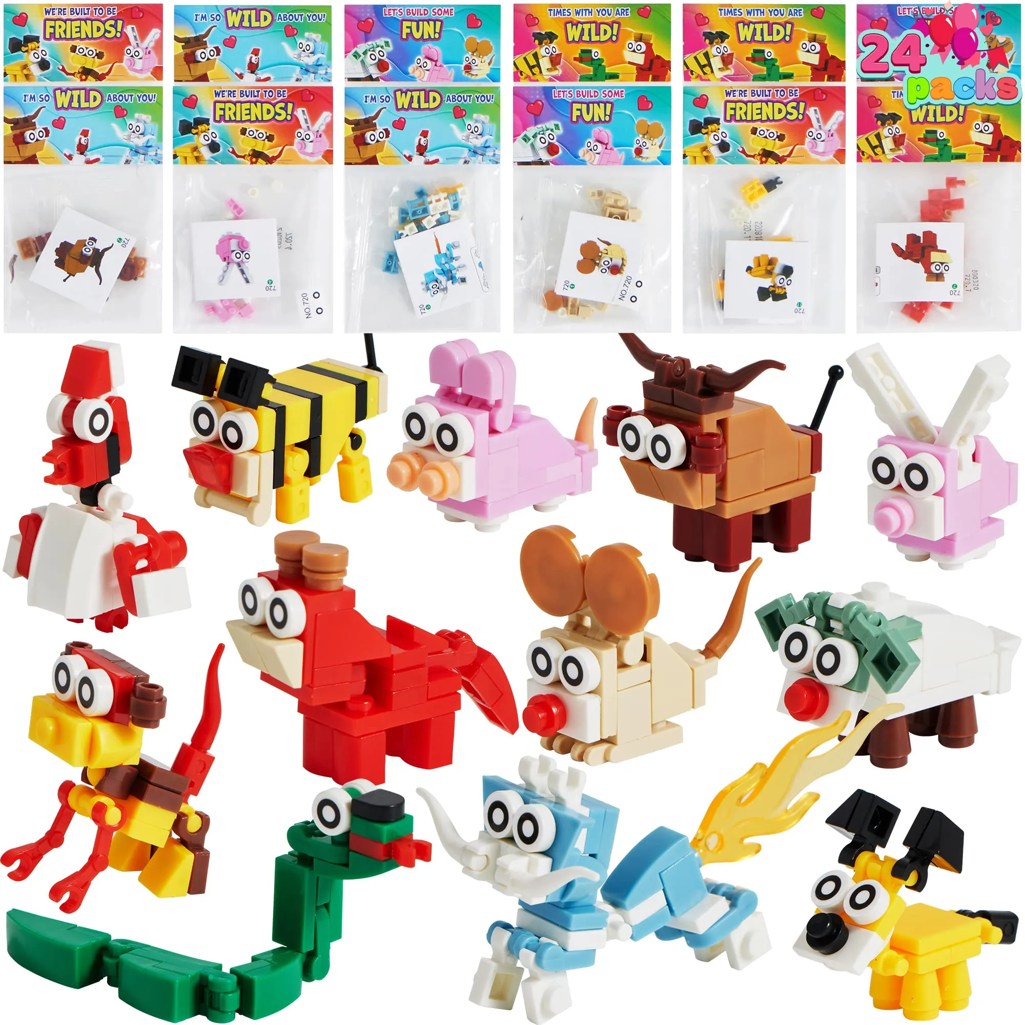 12 Packs Valentines Day Gifts for Kids, Animal Building Blocks with Valentines  Cards for Kids Classroom School, Class Gifts Exchange, Party Favors for Kids  Boys Girls Friendsine's Greeting Toys 