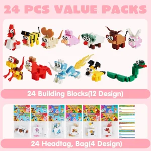 24Pcs Kids Valentines Cards with Animal Building Blocks-Classroom Exchange Gifts