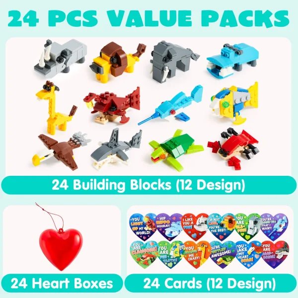 24Pcs Sea Animal Building Blocks Filled Hearts with Valentines Day Cards for Kids-Classroom Exchange Gifts