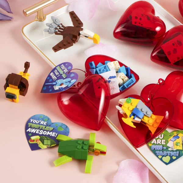 24Pcs Sea Animal Building Blocks Filled Hearts with Valentines Day Cards for Kids-Classroom Exchange Gifts