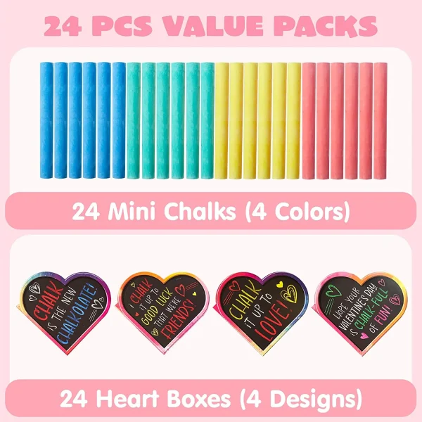 24Pcs Kids Valentines Cards with Mini Chalk in Boxes