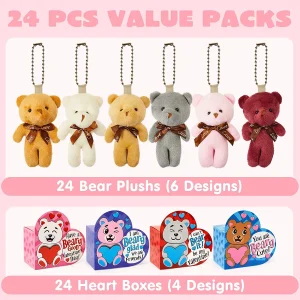 24Pcs Kids Valentines Cards with Mini Keychain Bear Plush Toys in Boxes