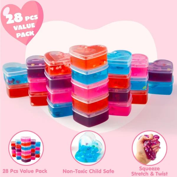 28Pcs Slime Hearts with Valentines Day Cards for Kids-Classroom Exchange Gifts