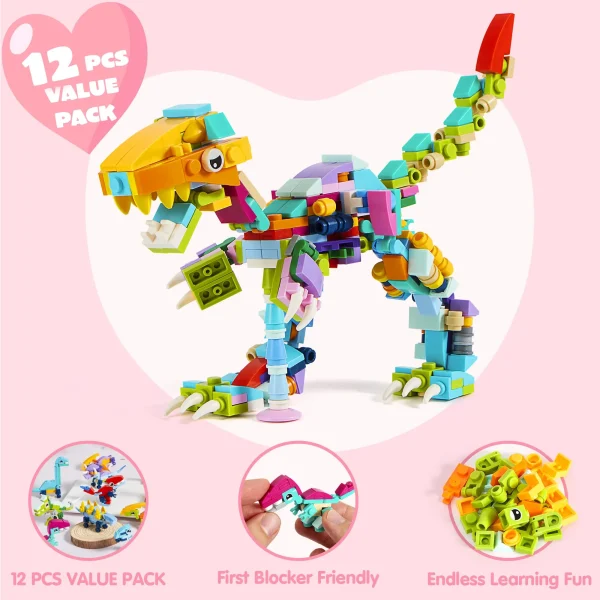12pcs Dinosaur Building Blocks Valentines Party Favors