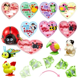 28 Pcs Wind-Up Toys with Kids Valentine Cards for Valentine Party Favors