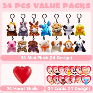 Bizzy-me 24pcs Valentines Day Cards with Animal Plush Keychain