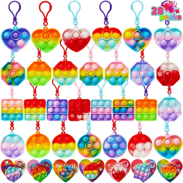 28pcs Valentines Bubble Pop Keychain with Cards