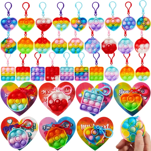 28pcs Valentines Bubble Pop Keychain with Cards