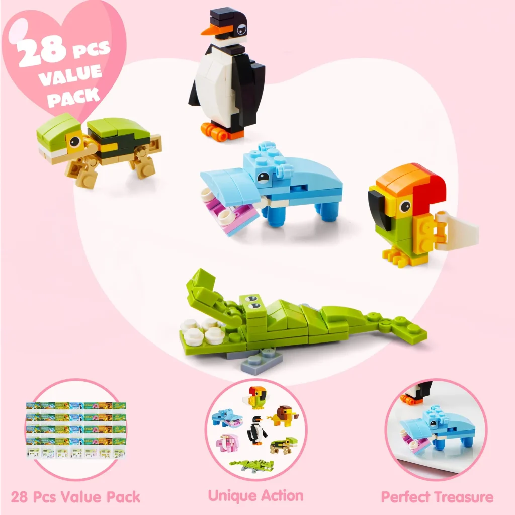 ANYGIFT Valentines Day Gifts for Kids, 24 Packs Animal Building Blocks with  Valentines Day Cards for Kids School, Valentines Gifts for Kids Boys Girls