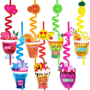 28pcs Drinking Straws Reusable with Valentines Cards