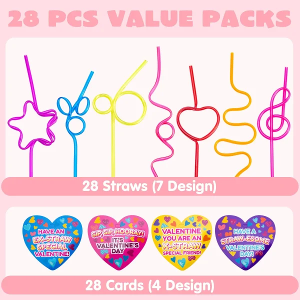 28pcs Valentine Cards with Crazy Loop Reusable Straws