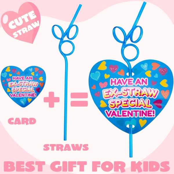 28pcs Valentine Cards with Crazy Loop Reusable Straws