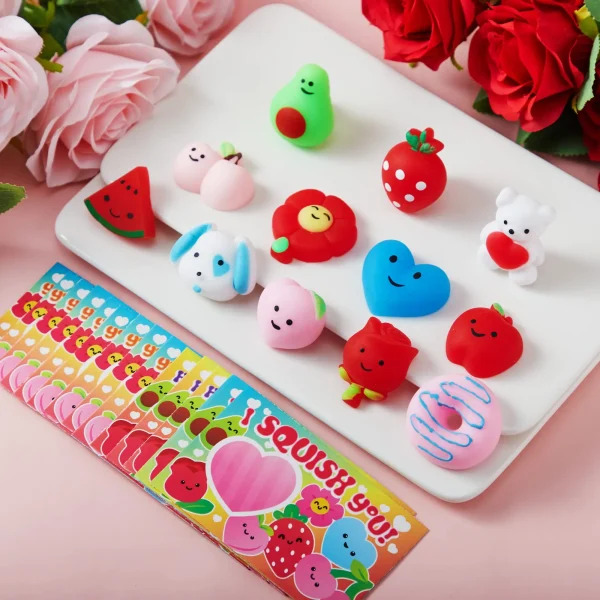 28Pcs Mochi Squishy Toys with Kids Valentines Cards for Classroom Exchange Gift