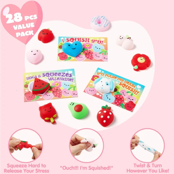 28Pcs Mochi Squishy Toys with Kids Valentines Cards for Classroom Exchange Gift