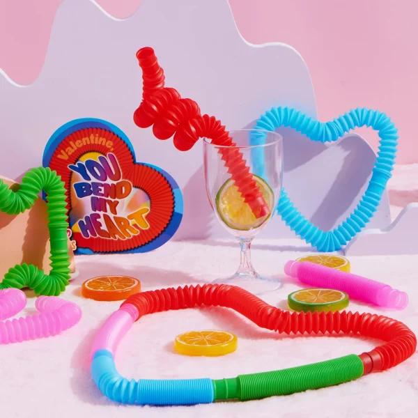 28pcs Valentines Pop Tube Toys with Heart Boxes for Valentines Party Favors